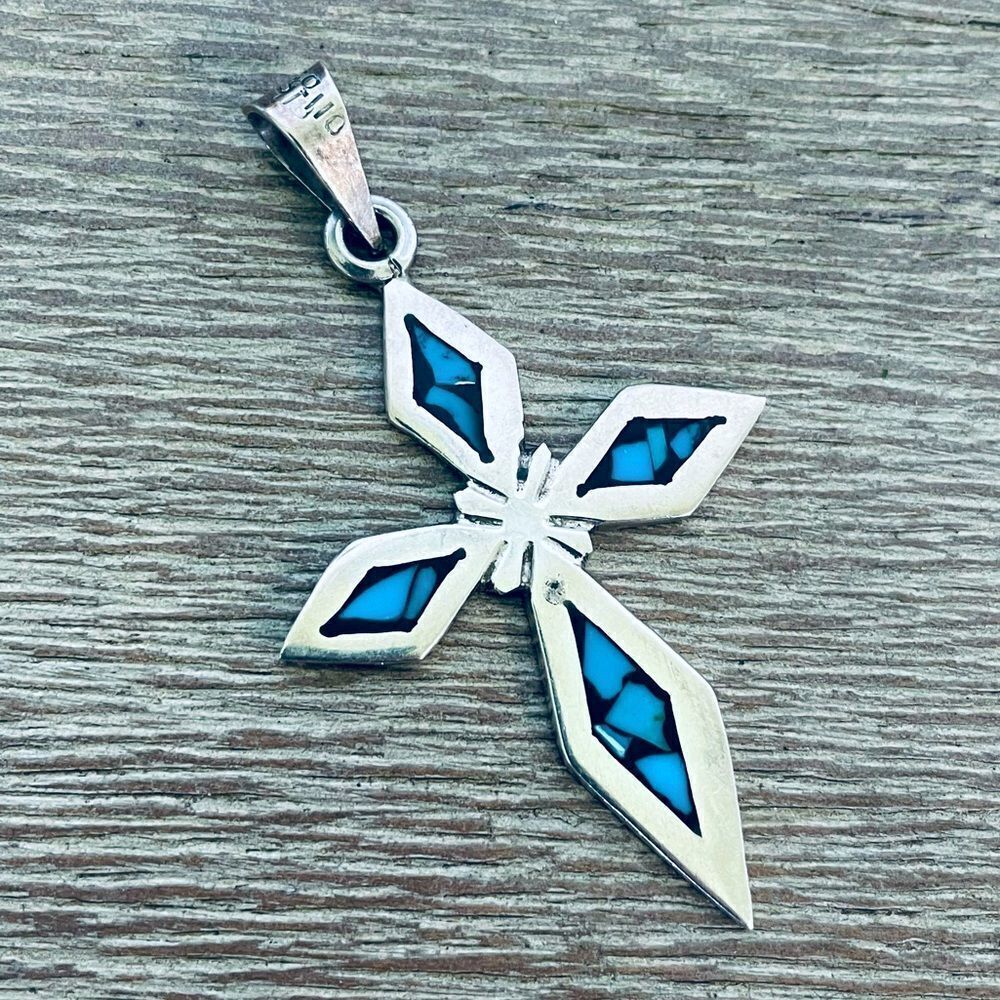 Silver Turquoise Southwest Aztec Mexico Cross Pendant